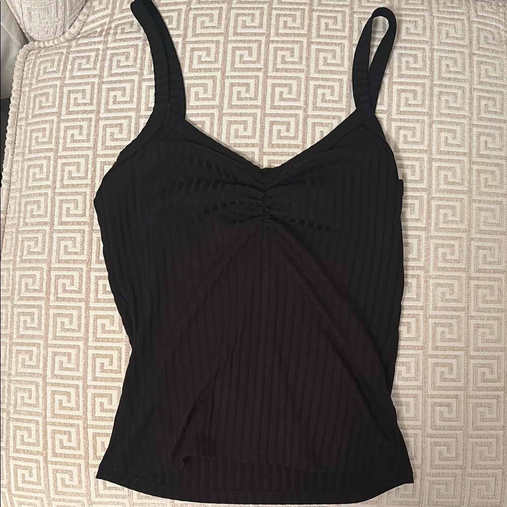 Blue Blush Black Ribbed Tie Front Sleeveless Tank Top